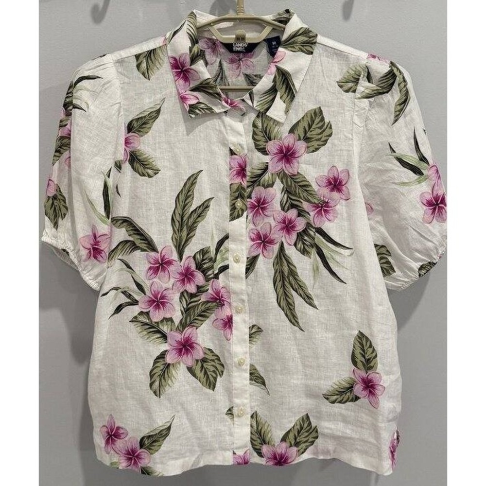 Lands End Womens White Floral Linen Puff Short Sleeve Shirt Button Front Linen M